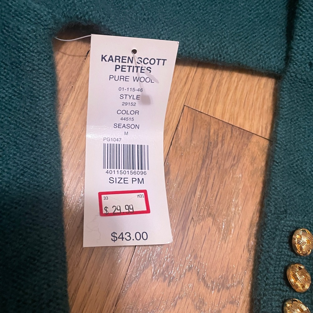VTG Karen Scott Petites Medium Wool Cardigan Sweater Green Gold Button Academia - Picture 3 of 10